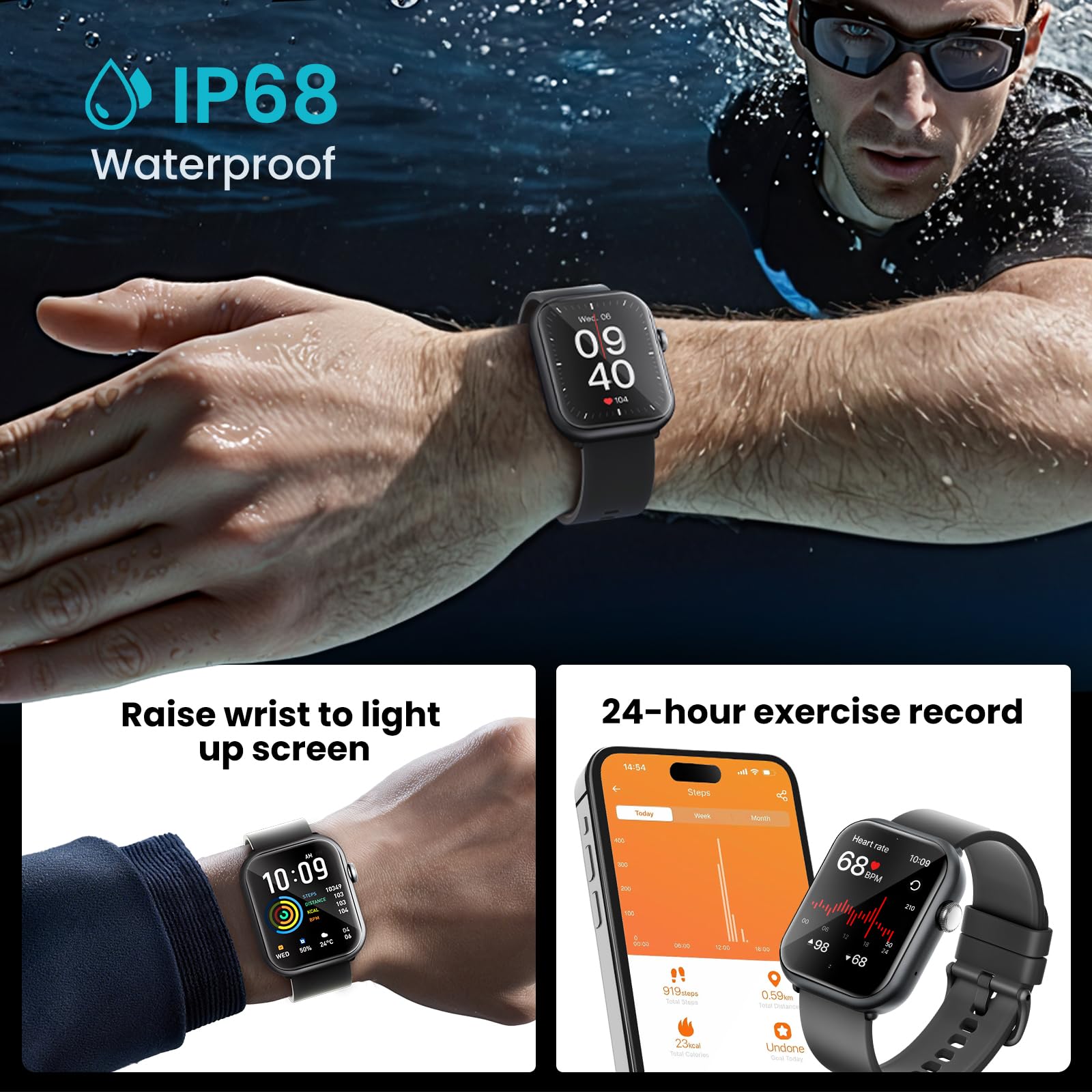 HOMOGO smart watch IP68 waterproof design withstands water, sweat, and rain