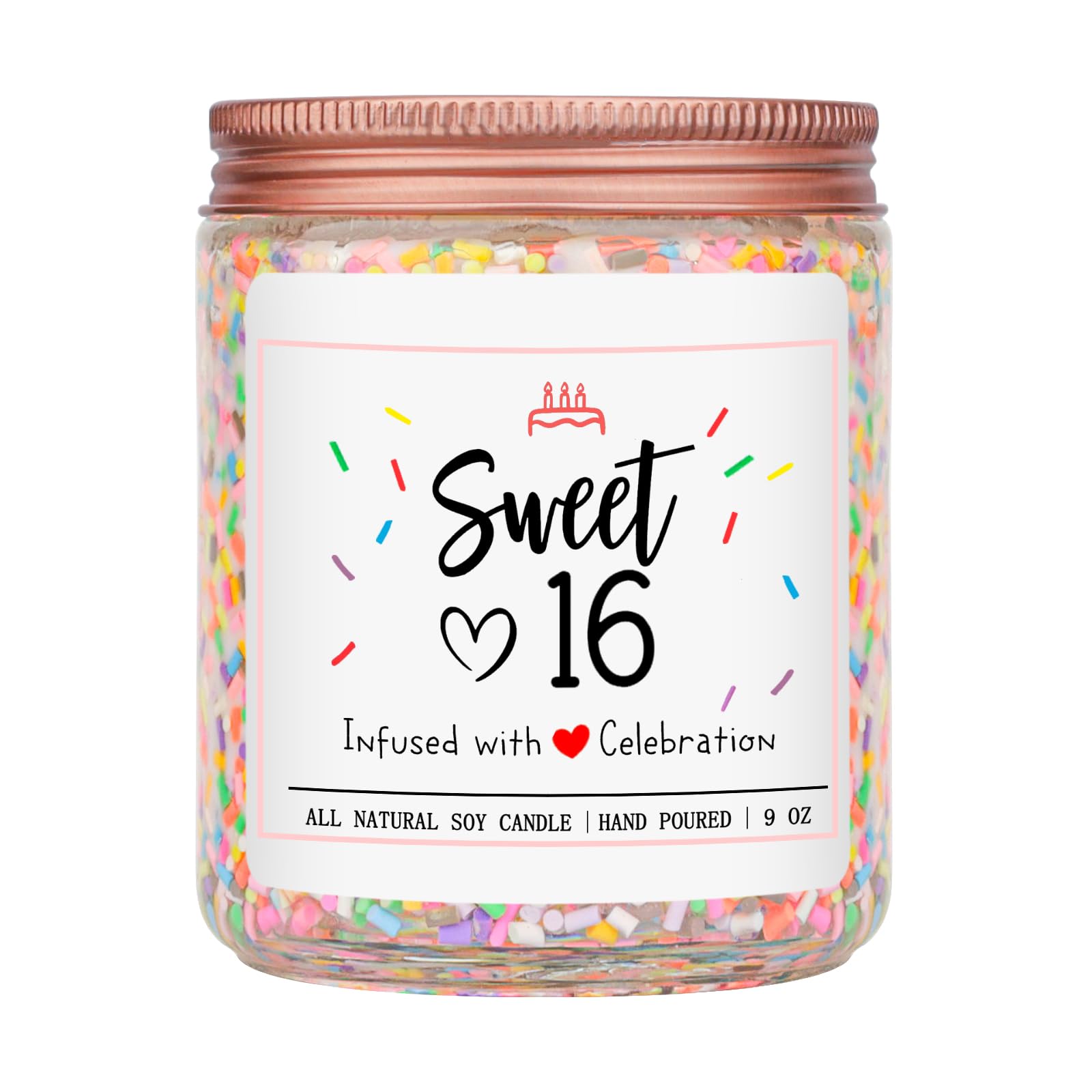 Homsolver Sweet 16th birthday candle jar with sprinkles, creating a festive atmosphere.