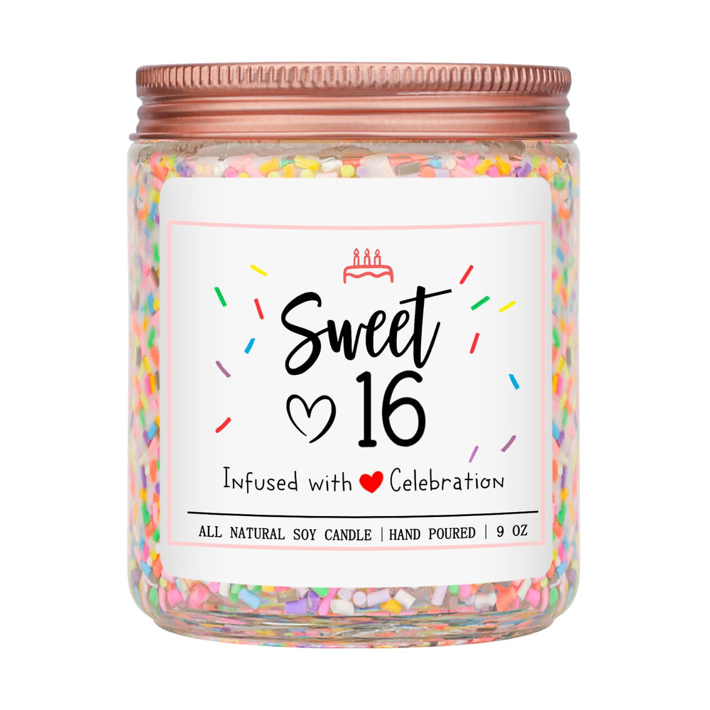 Homsolver Sweet 16th birthday candle jar with sprinkles, creating a festive atmosphere.