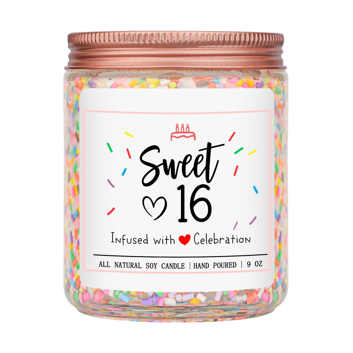 Homsolver Sweet 16th birthday candle jar with sprinkles, creating a festive atmosphere.