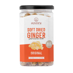 Homtiem dried ginger soft chews close-up highlighting chewy texture for snacking