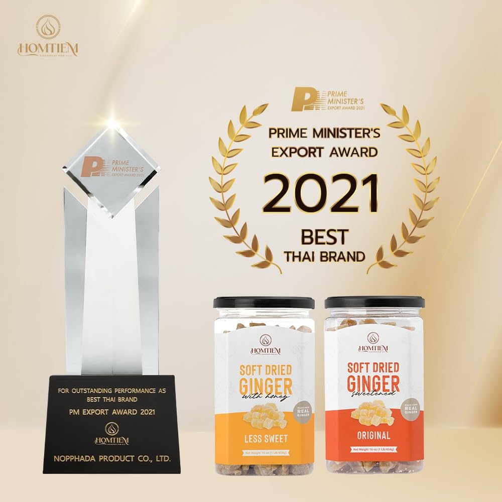 Homtiem Soft Dried Ginger bottle serve portion suggests convenient pantry snacking.