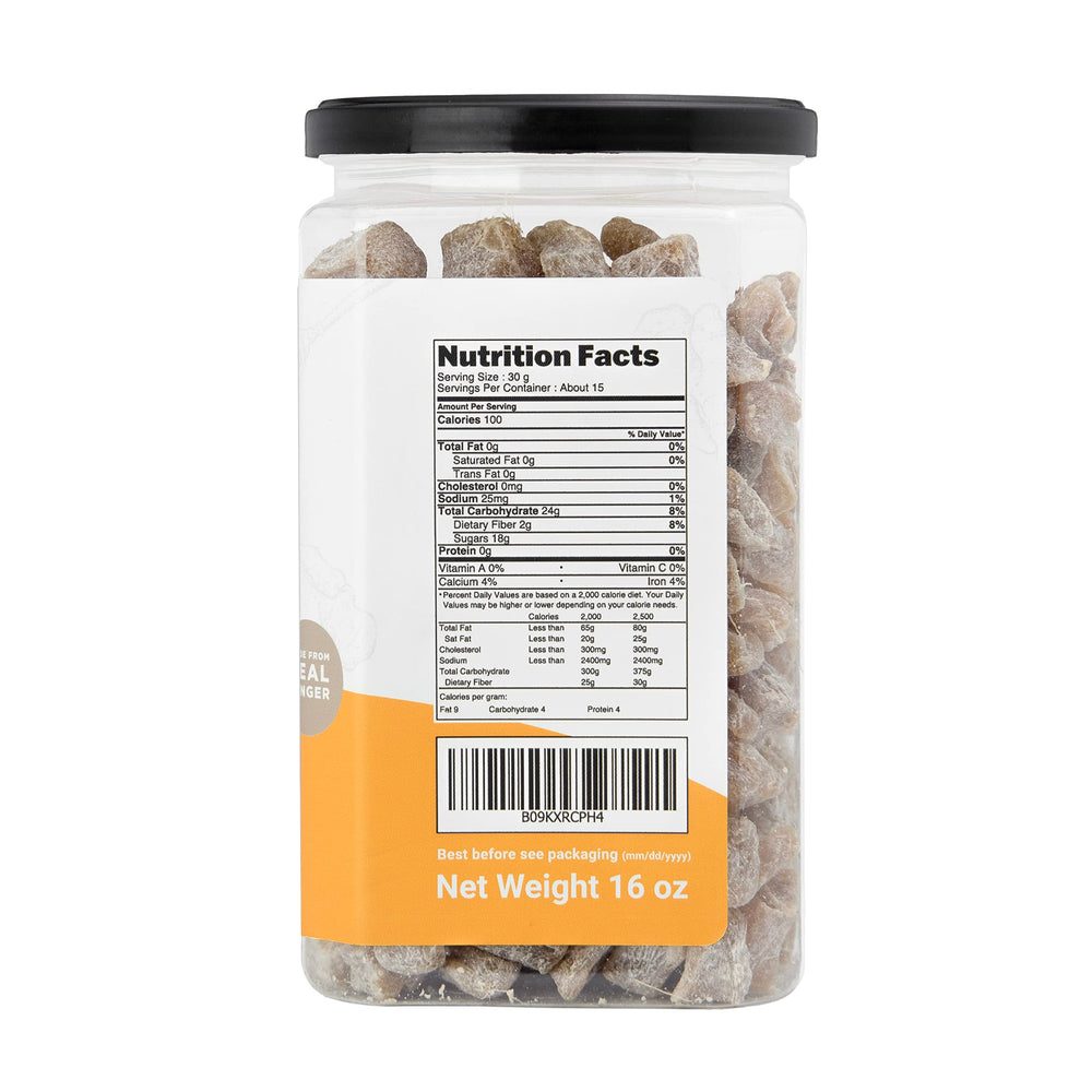 Homtiem Soft Dried Ginger jar closeup highlights premium packaging and portioning.