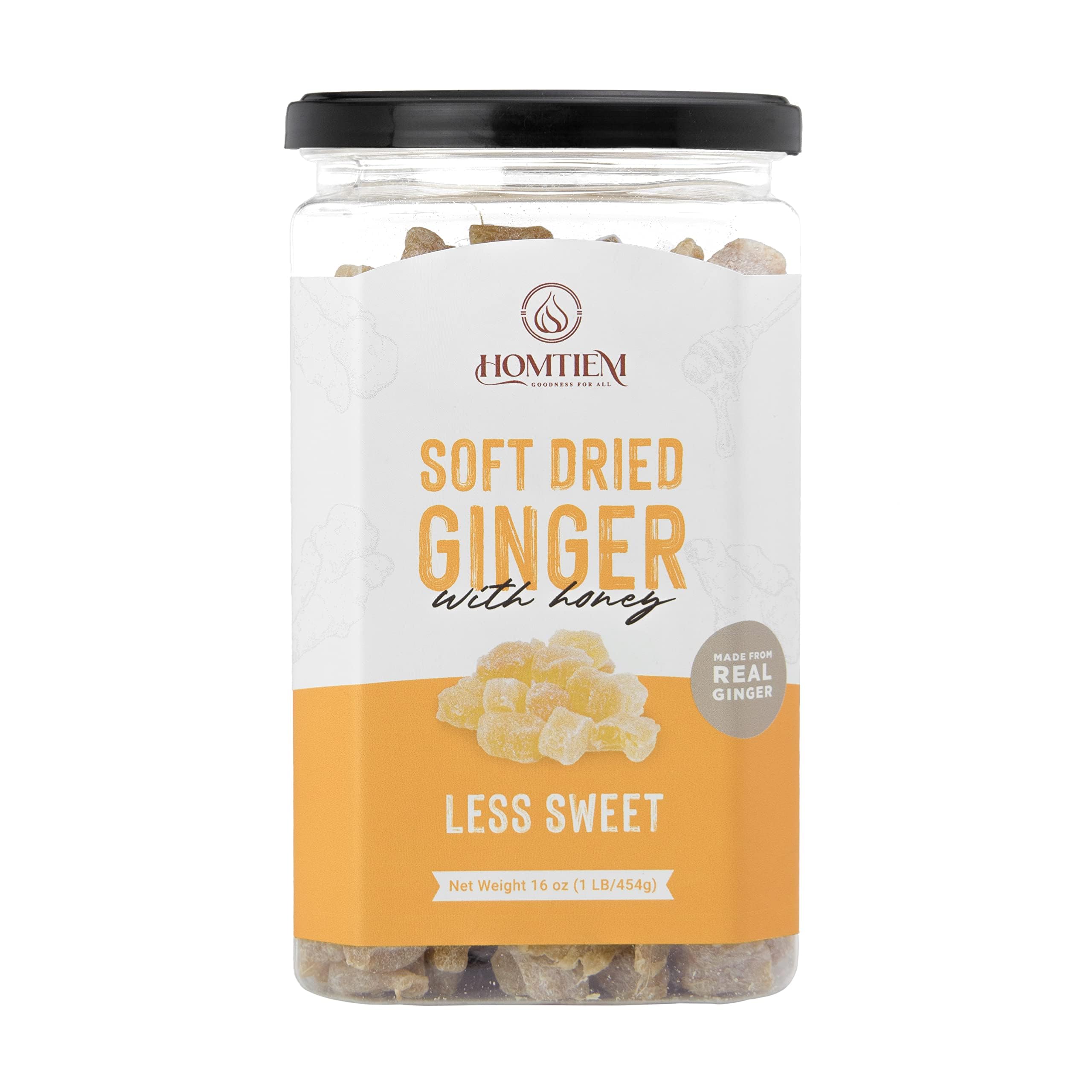 Homtiem Soft Dried Ginger tender bites in jar showcase chewy snack appeal.