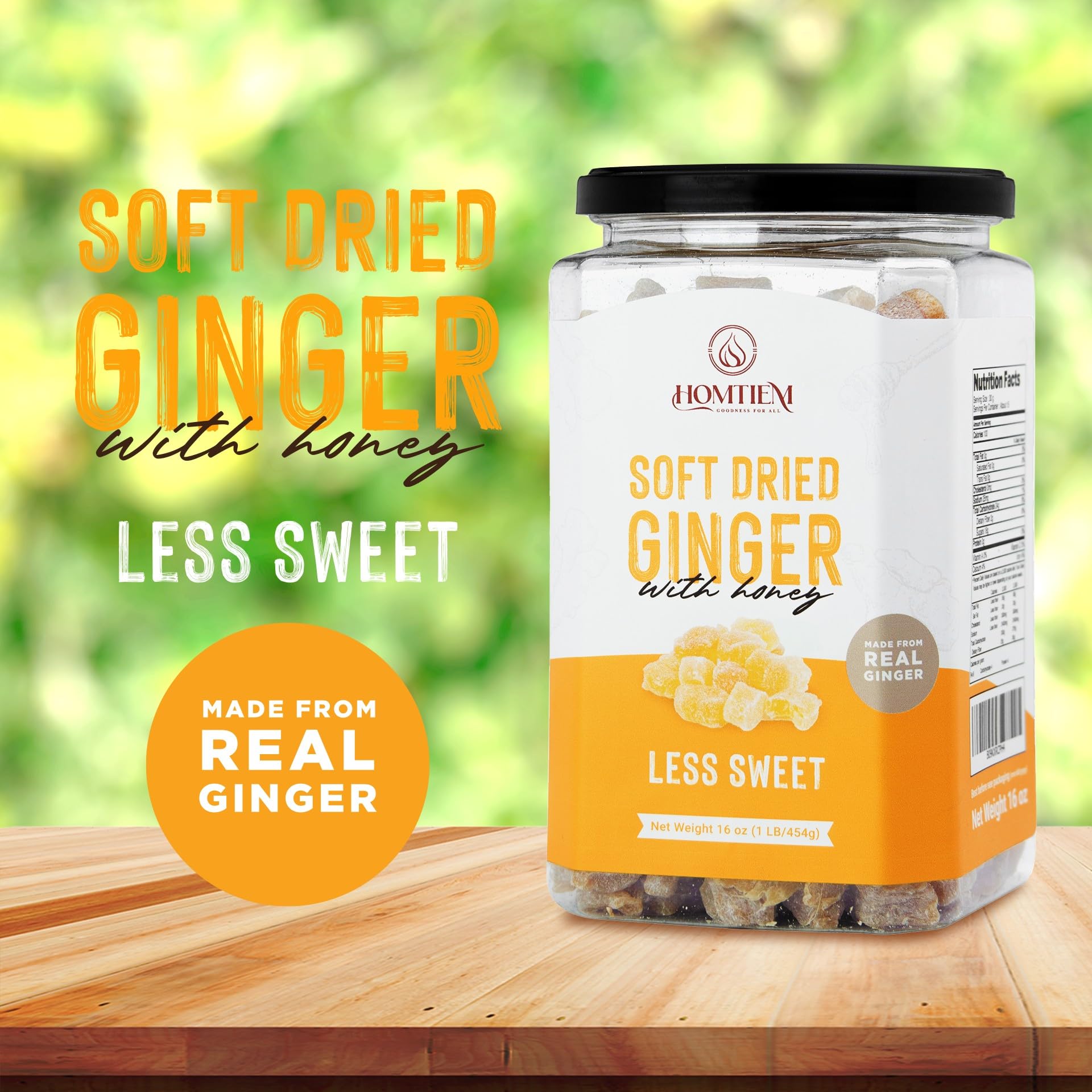 Homtiem Soft Dried Ginger texture closeup emphasizes tender bite quality.
