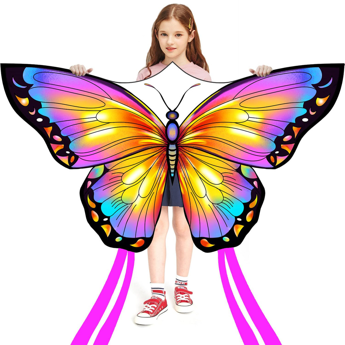Honbo butterfly kite pink in flight at the beach for family fun.