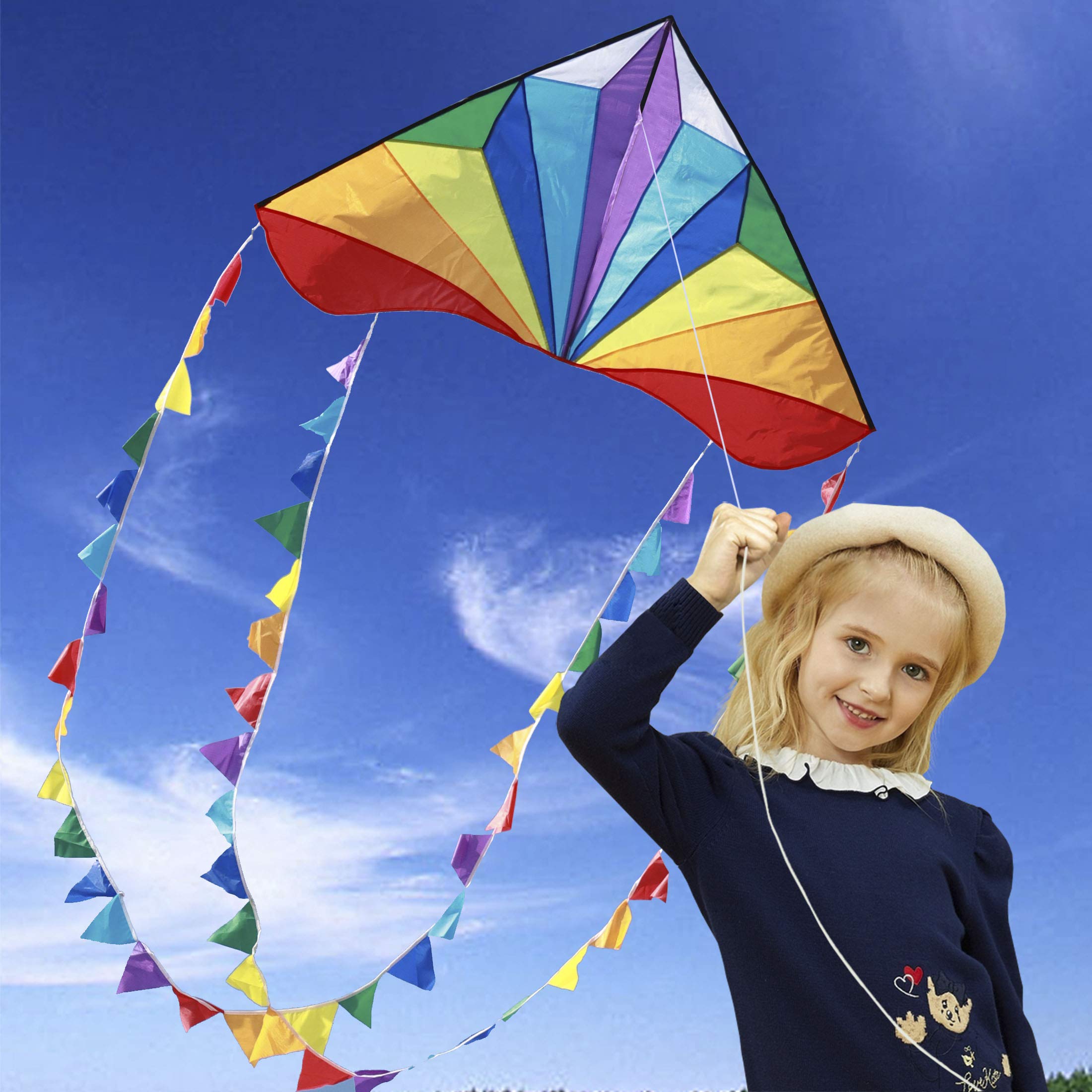 Honbo delta kite with 13ft rainbow tails fluttering for kids and families.