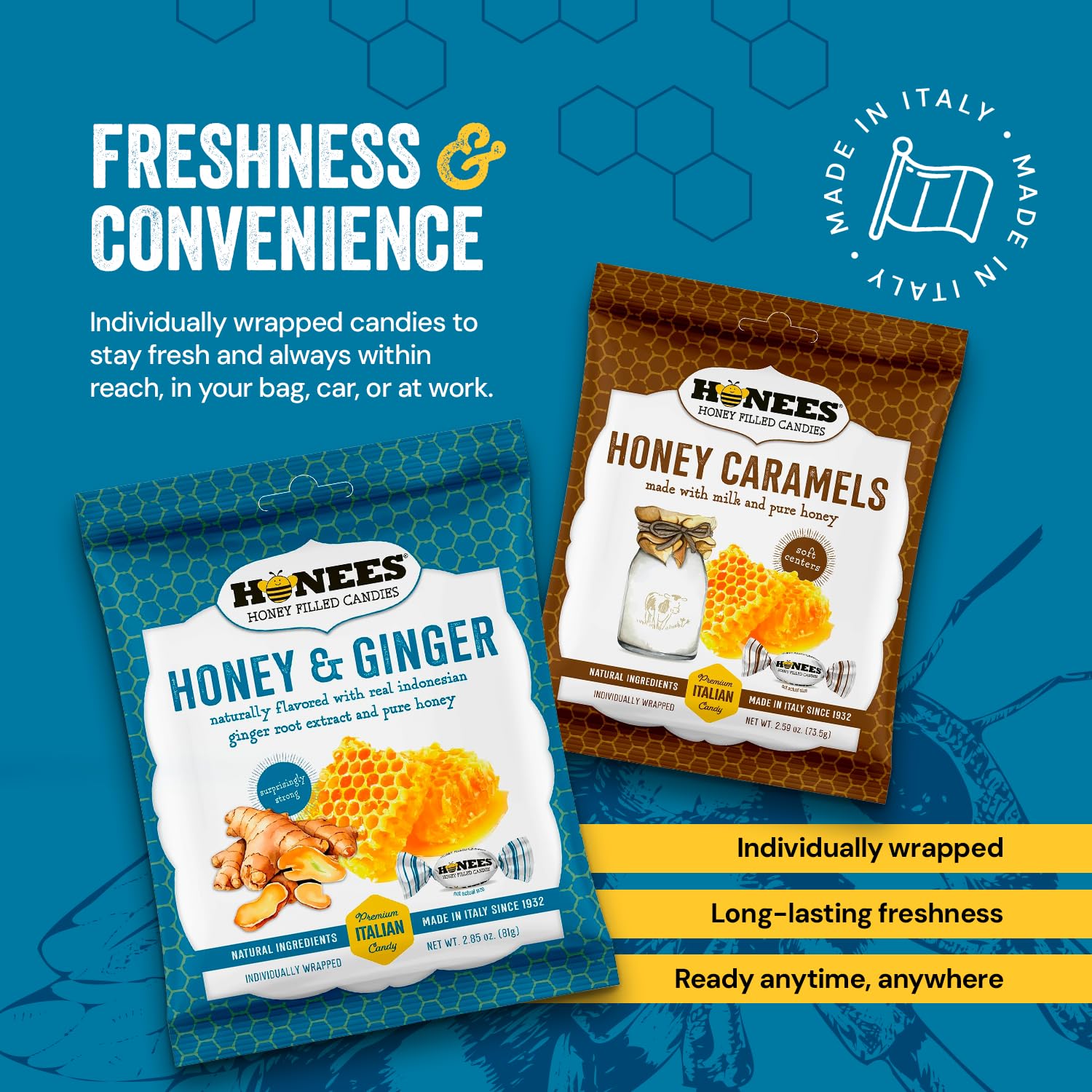 Honees natural ingredients and fewer calories per piece