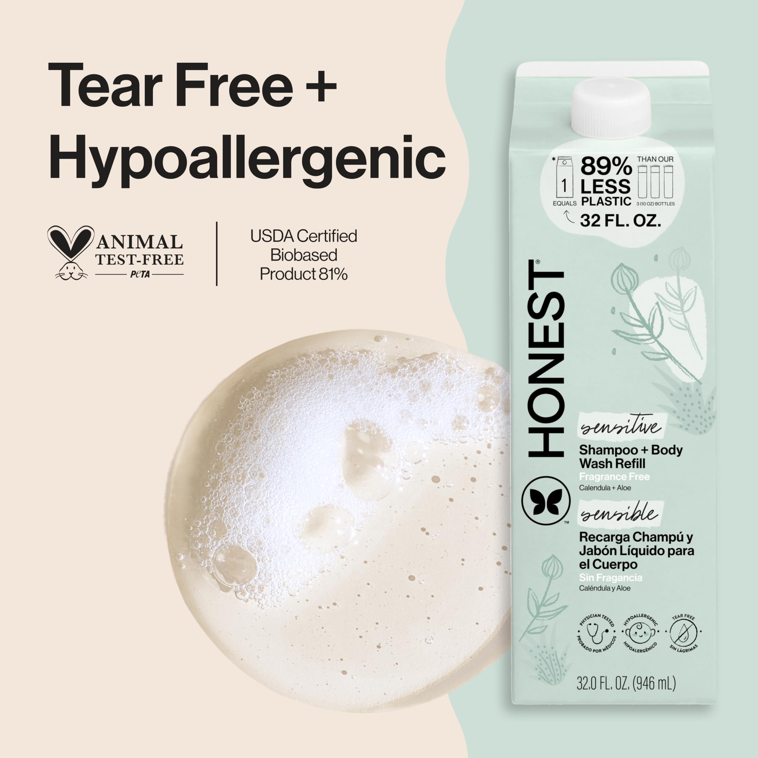 Honest 2-in-1 shampoo-body wash lather creates rich foam for a calm bath.
