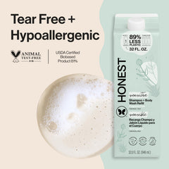 Honest 2-in-1 shampoo-body wash lather creates rich foam for a calm bath.