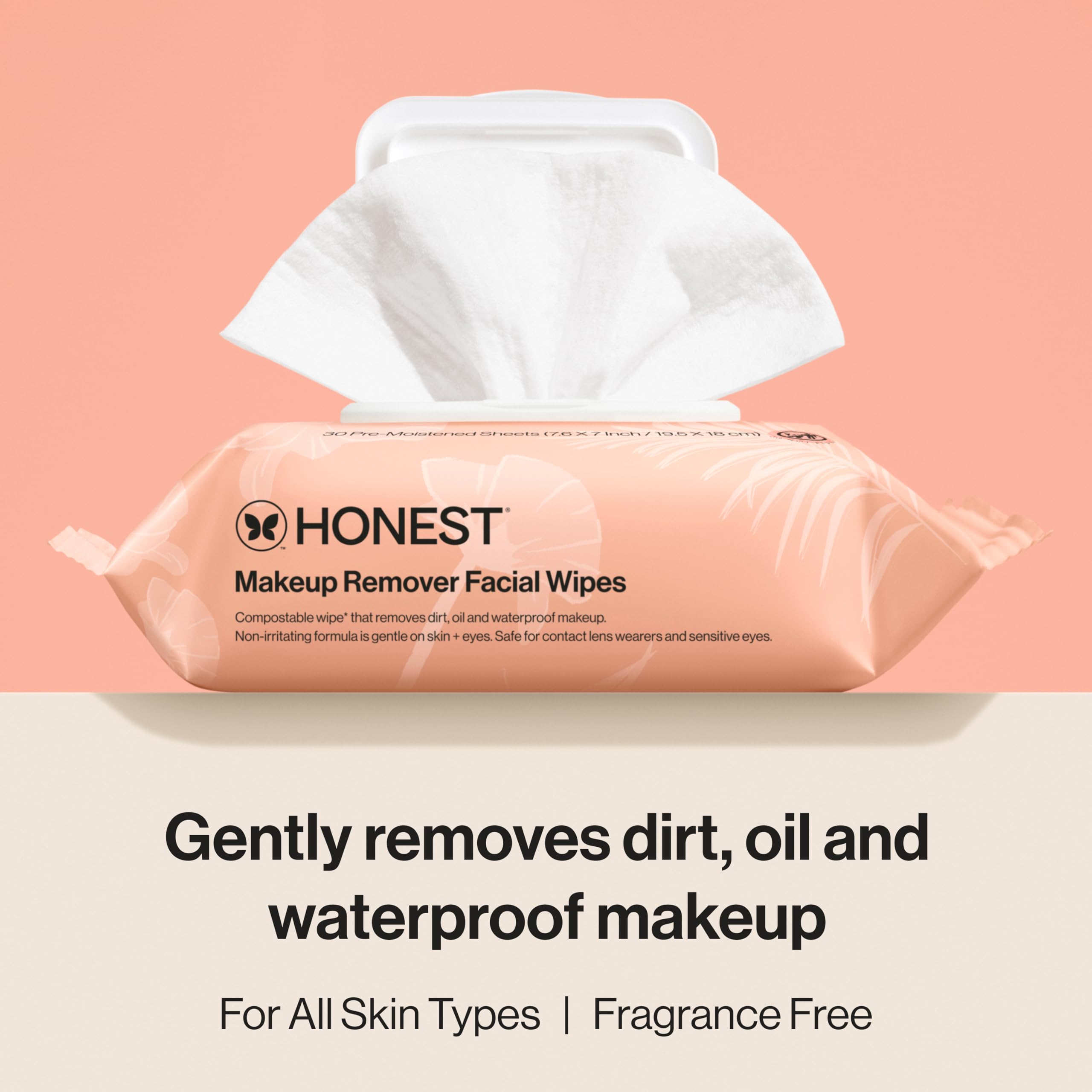 Honest Beauty fragrance-free wipes closeup of textured plant-based cloth for gentle cleansing