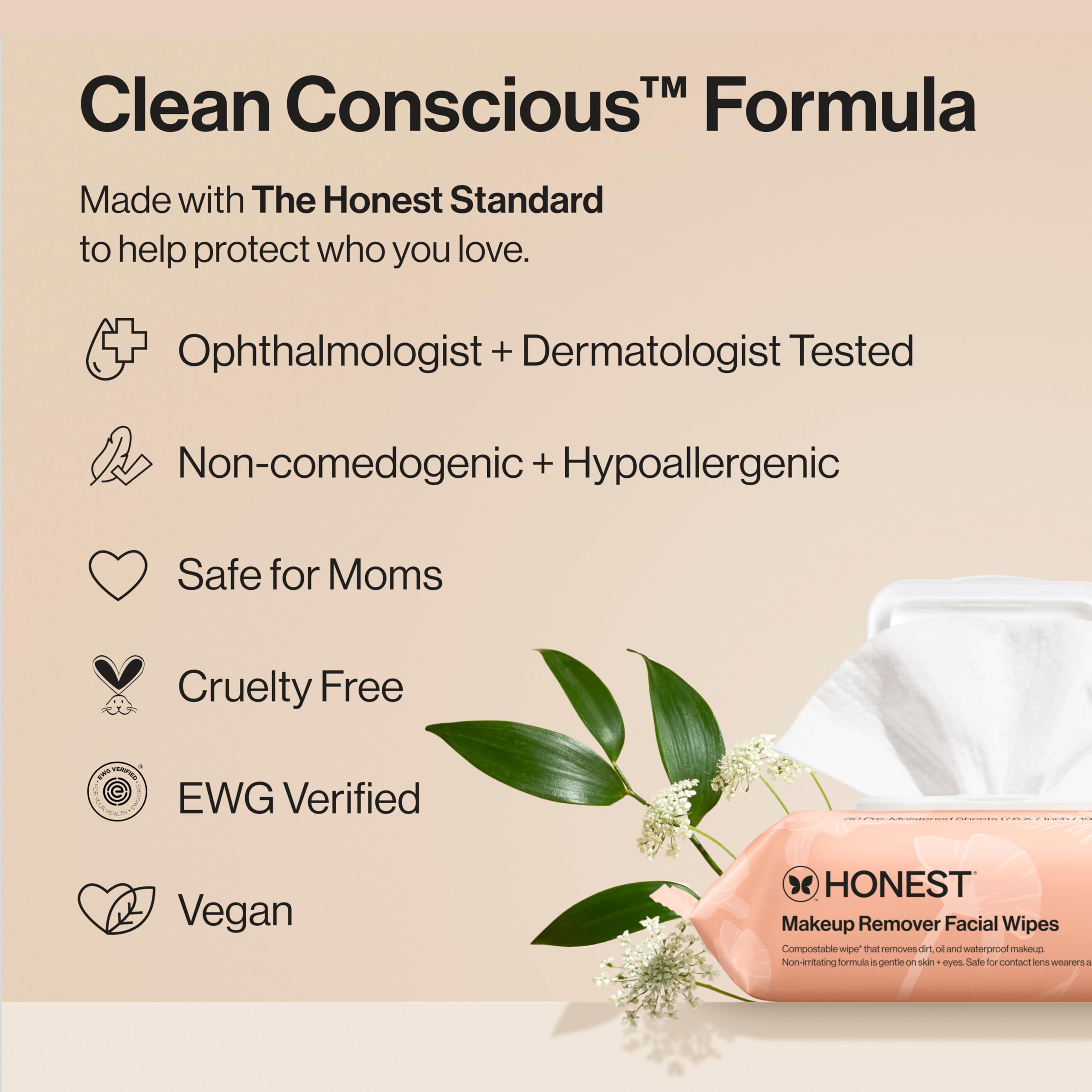 Honest Beauty fragrance-free wipes plant-based cloth with sugar-derived surfactant for effective cleansing