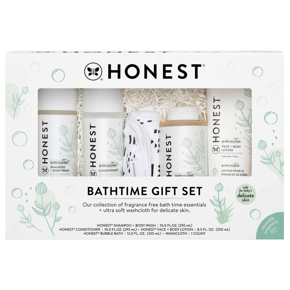 The Honest Company fragrance-free shampoo and body wash bottle for tear-free baby cleansing.