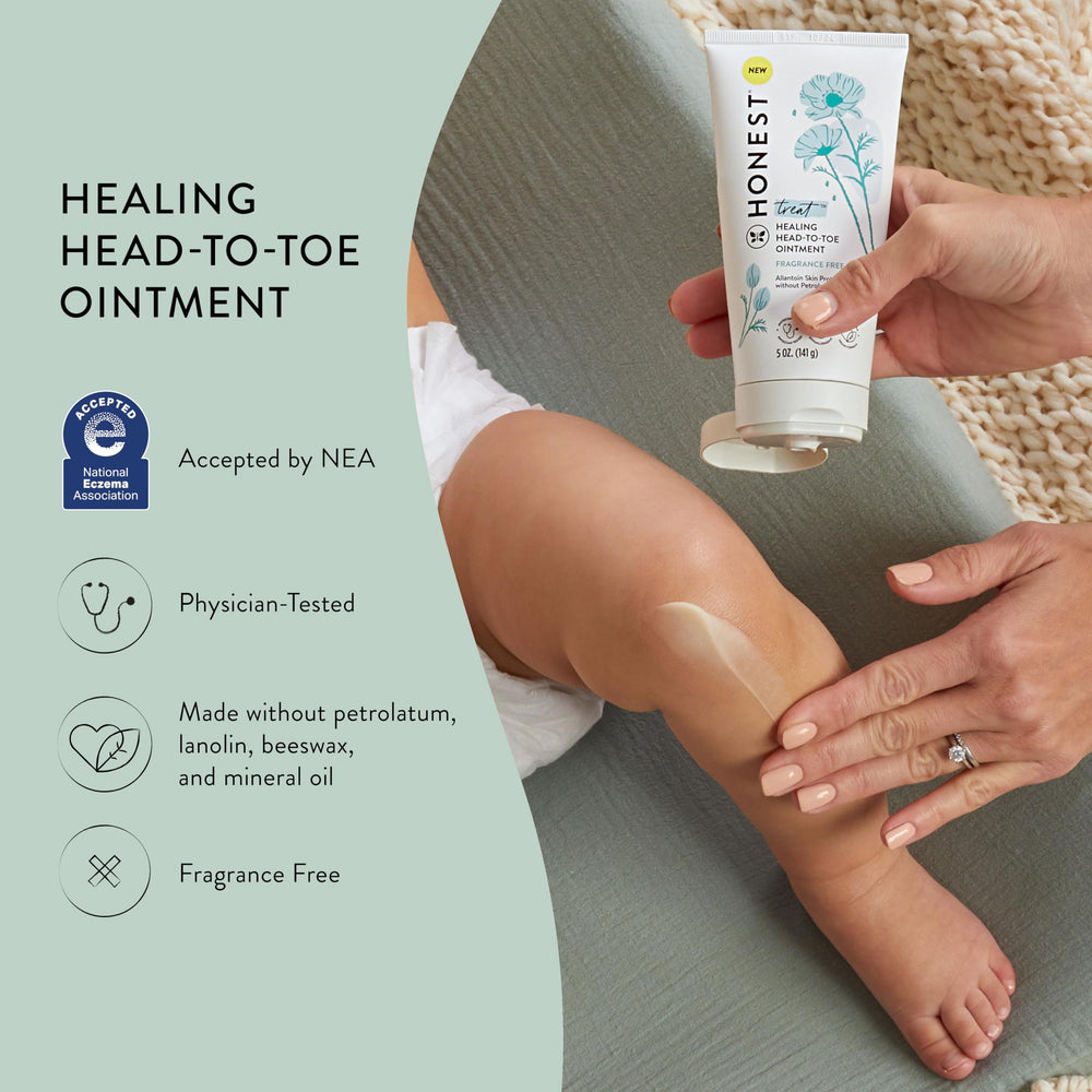 Family applying The Honest Company Healing Ointment for dry skin relief