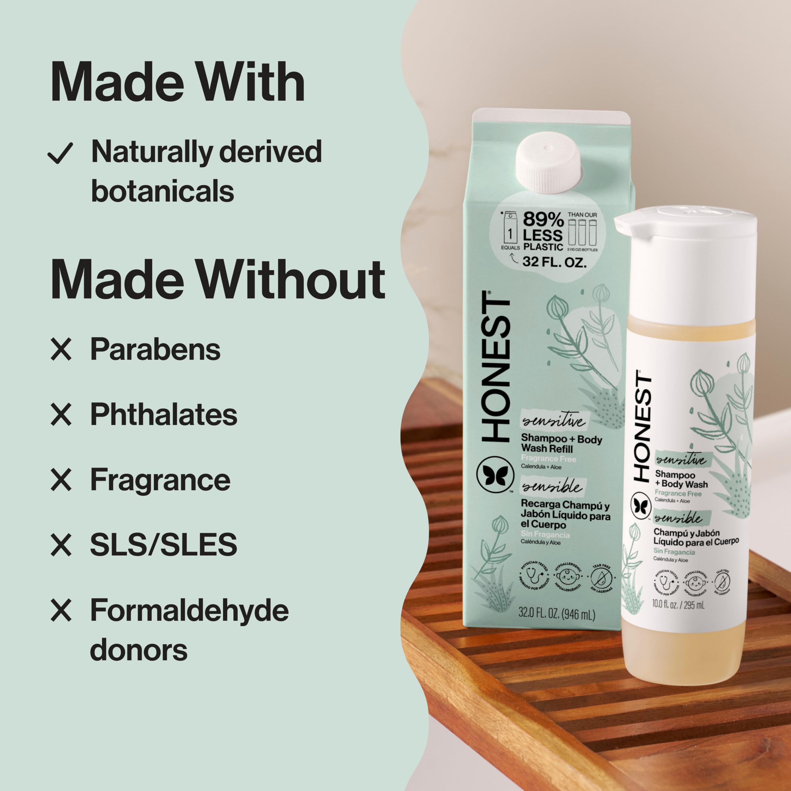 Dermatologist-tested label on Honest bottle signals skin-friendly care.