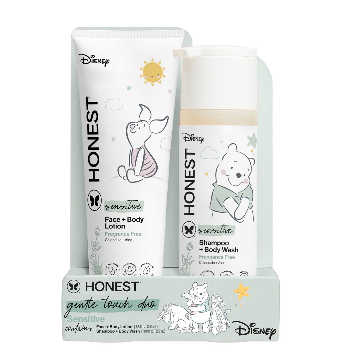 The Honest Disney 2-in-1 shampoo bottle pour demonstrates gentle cleansing for baby's hair