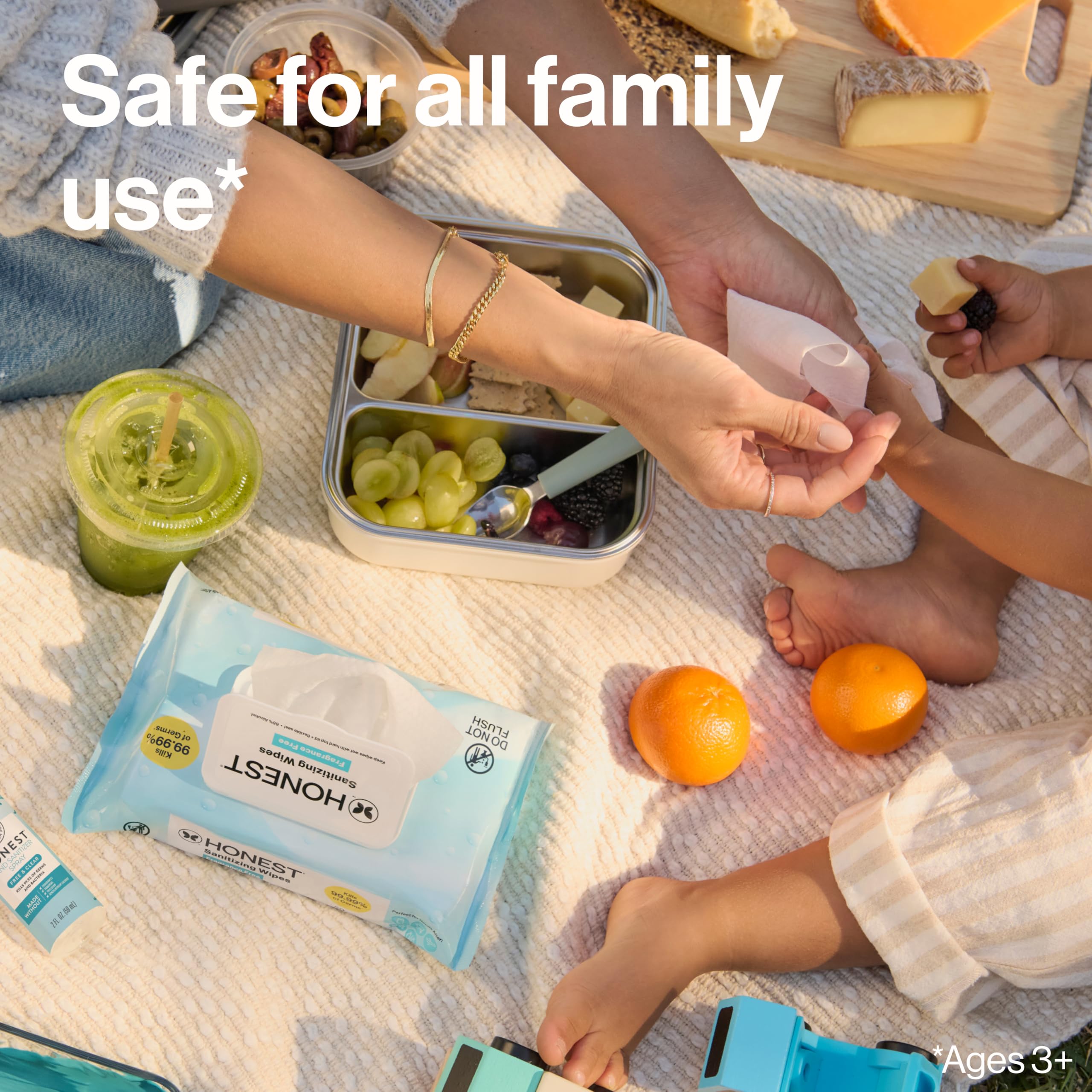 The Honest Company fragrance-free sanitizing wipes handy at grocery store for mess-free cleaning