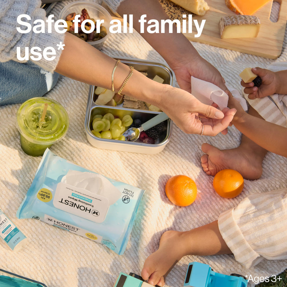 The Honest Company fragrance-free sanitizing wipes handy at grocery store for mess-free cleaning