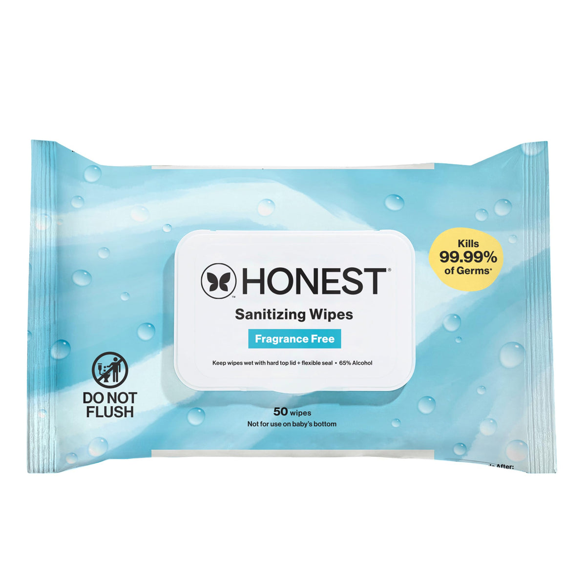 The Honest Company fragrance-free wipes, pack top view, quick on-the-go cleansing.
