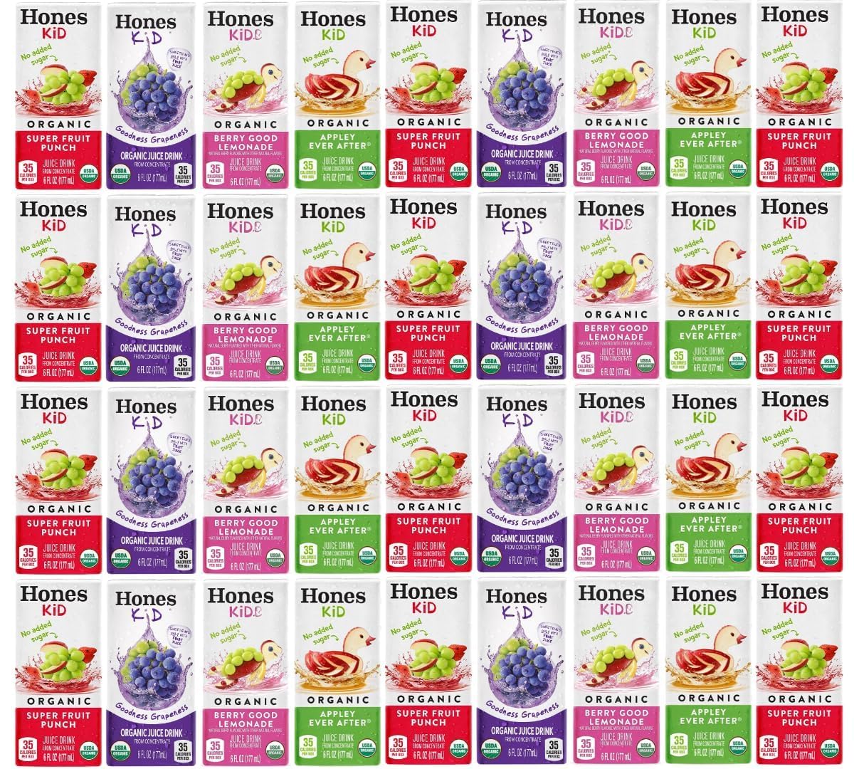 Honest Kid assorted organic juice boxes in a case for on-the-go hydration.