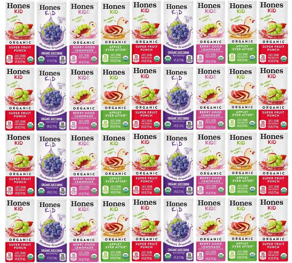 Honest Kid assorted organic juice boxes in a case for on-the-go hydration.