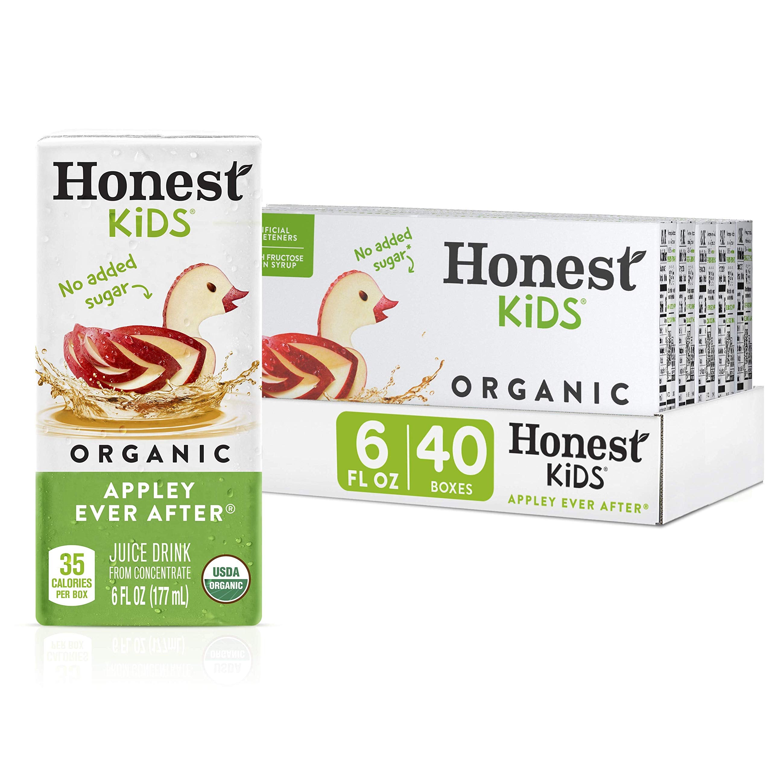 Honest Kids Appley Ever After bottle closeup with crisp organic juice.