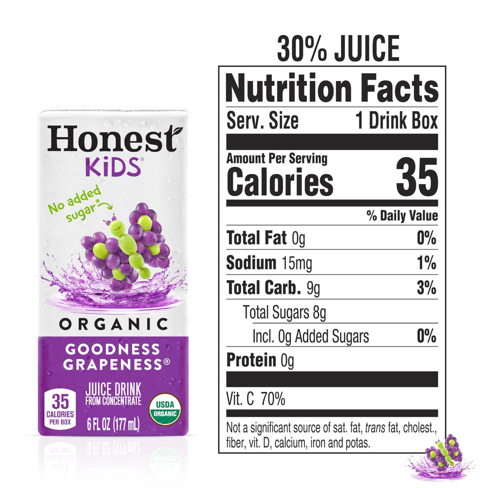 Pouring Honest Kids Goodness Grapeness juice into a glass for kids