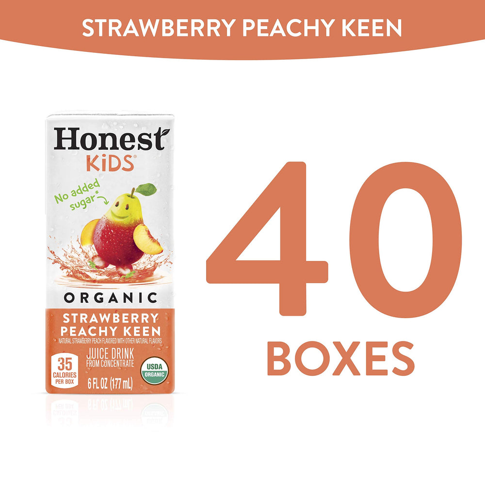 Honest Kids Strawberry Peachy Keen carton recyclable packaging, supports sustainable choices.