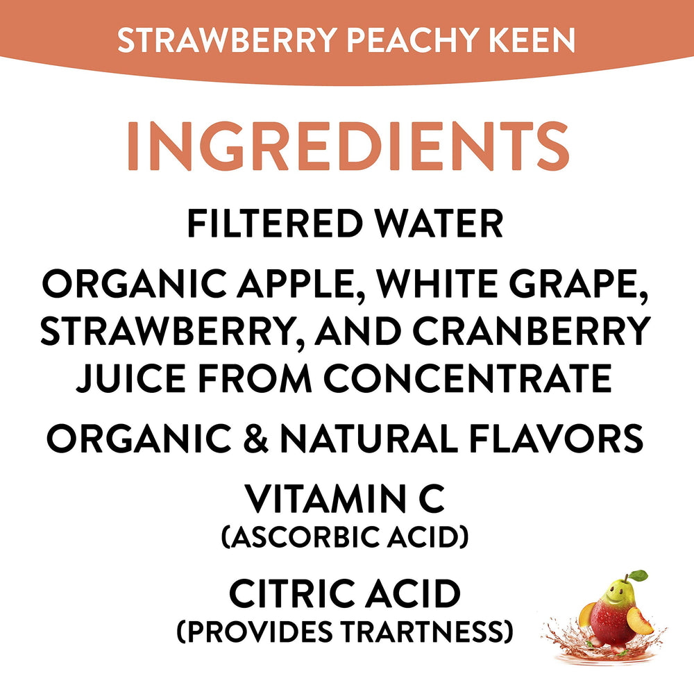 Honest Kids Strawberry Peachy Keen carton side, portable on-the-go hydration for families.