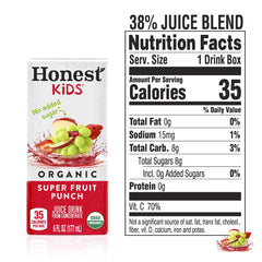 Honest Kids Super Fruit Punch box back view with organic certification and no added sugar.
