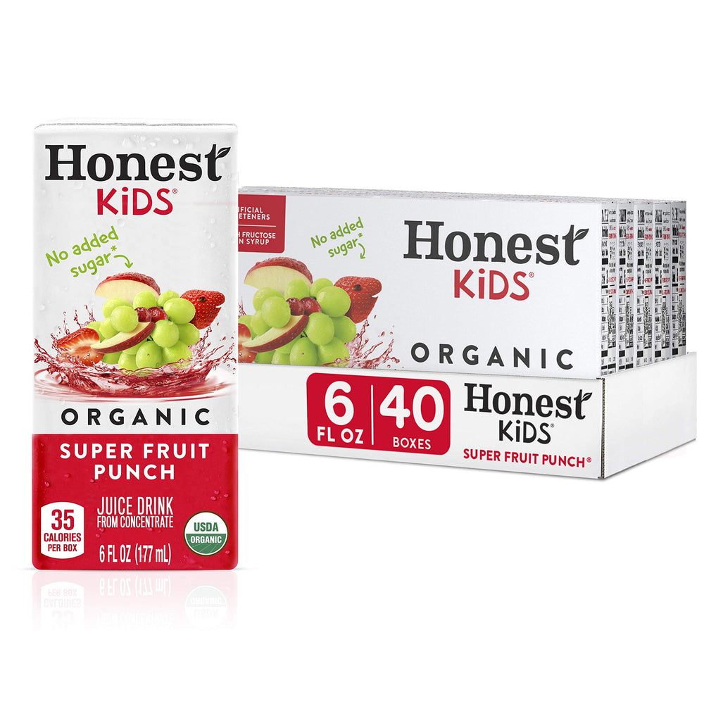 Honest Kids Super Fruit Punch box front view highlighting organic, kid-friendly flavor.