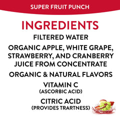 Honest Kids Super Fruit Punch ingredients panel showing organic juice blend.