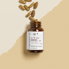 Close-up of Love Bump tablets for convenient daily prenatal vitamins.