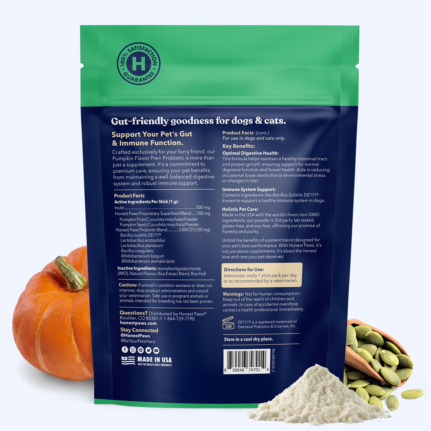 Honest Paws Probiotics DE111 badge signals immune-supporting probiotic strain.