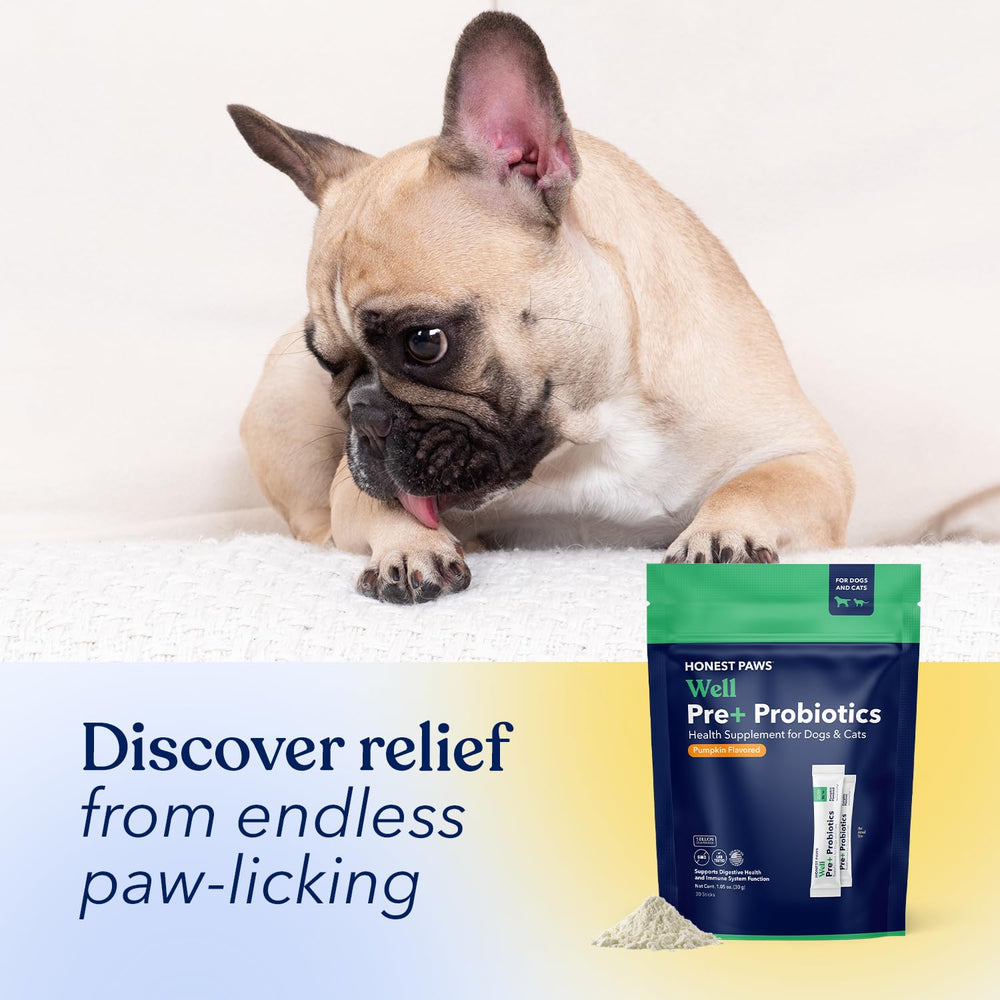 Honest Paws Probiotics gluten-free and soy-free icons indicate a gentle formula for sensitive pets.