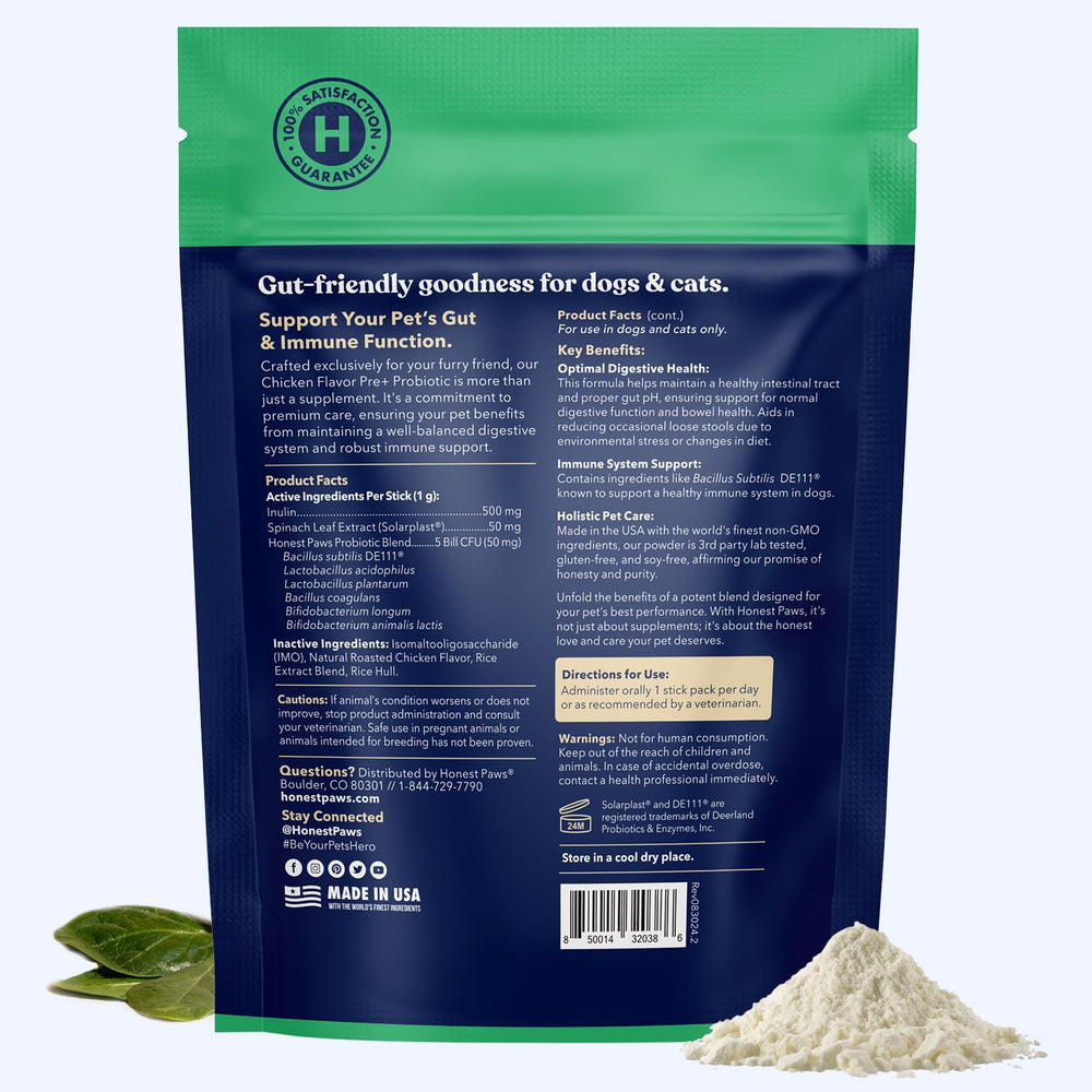 Honest Paws immune-support probiotic for dogs with prebiotics.