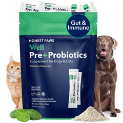 Honest Paws probiotics for dogs, single-serve packet over meals for easy dosing.