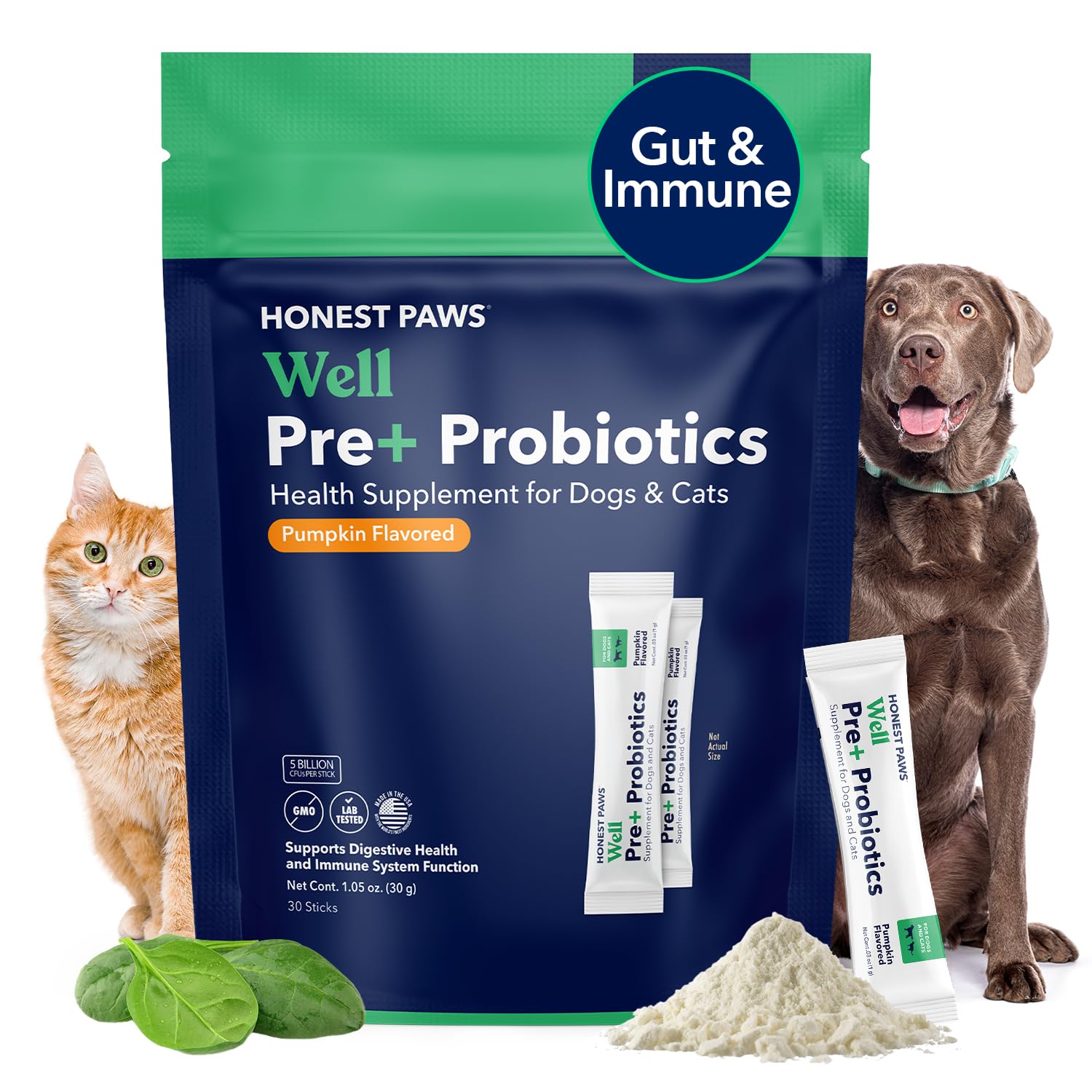 Honest Paws Probiotics dog tub front showcases USA-made, non-GMO formula for digestive balance.