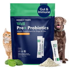 Honest Paws Probiotics dog tub front showcases USA-made, non-GMO formula for digestive balance.