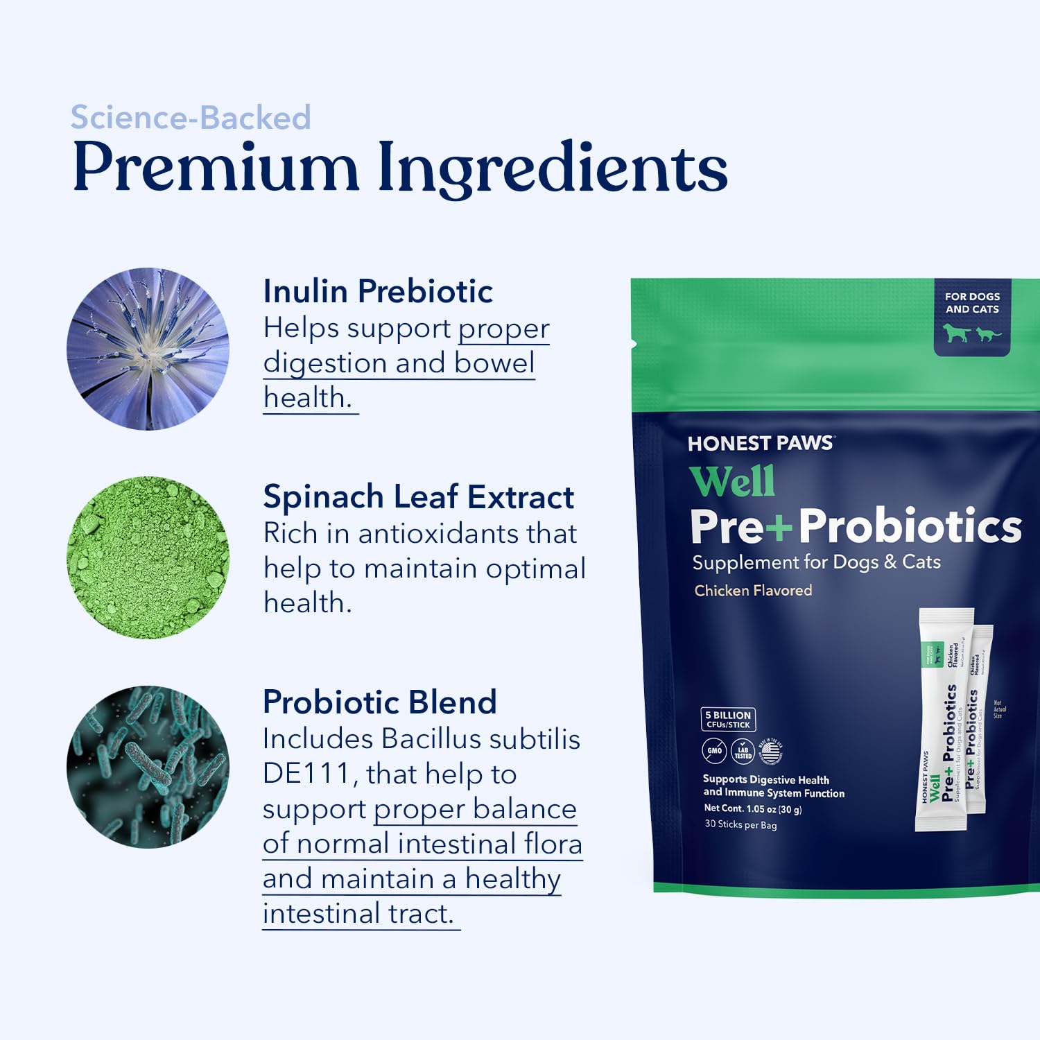 Honest Paws USA-made probiotics label highlighting quality and origin.