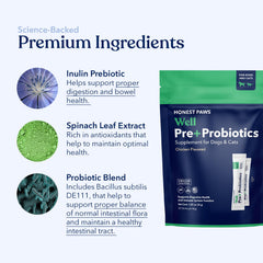 Honest Paws USA-made probiotics label highlighting quality and origin.