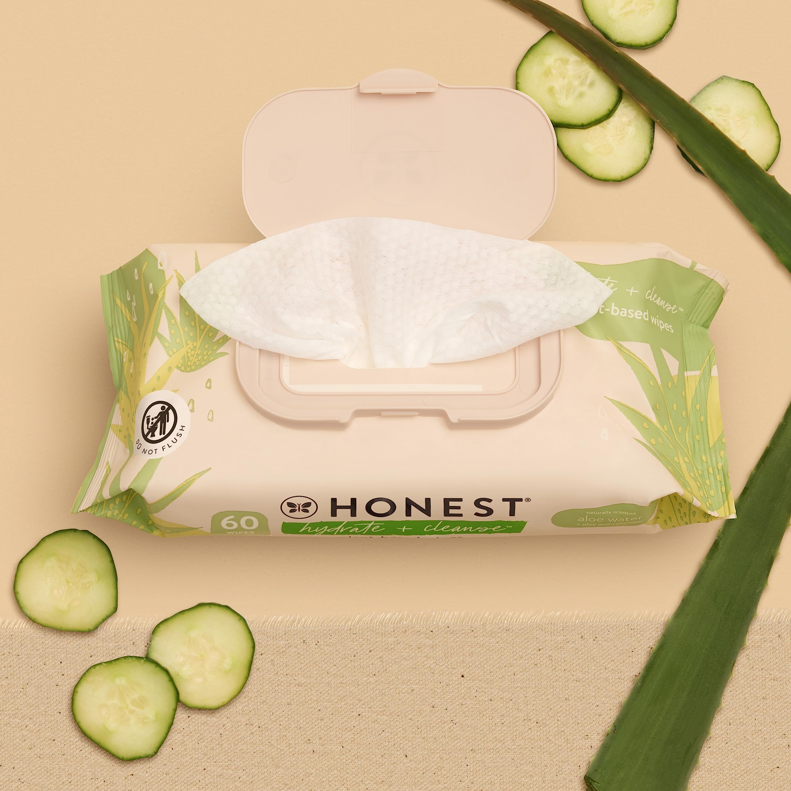The Honest Company Hydrate and Cleanse wipes close-up with Aloe and Cucumber for skin hydration.