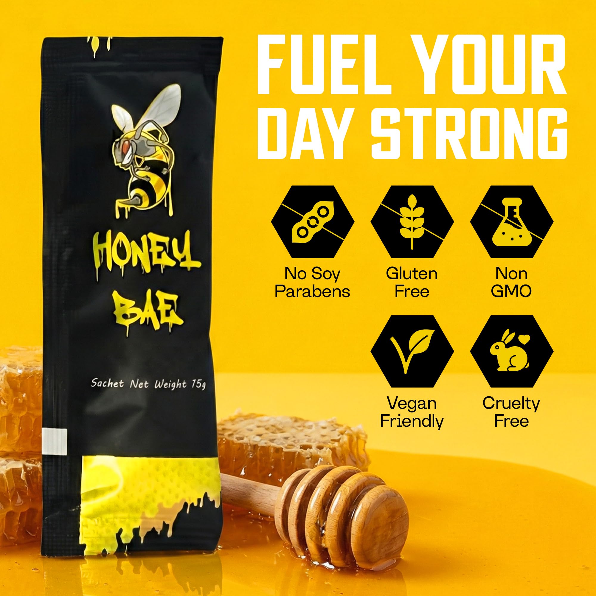 Honey Bae no artificial additives sachet, clean energy without fillers.