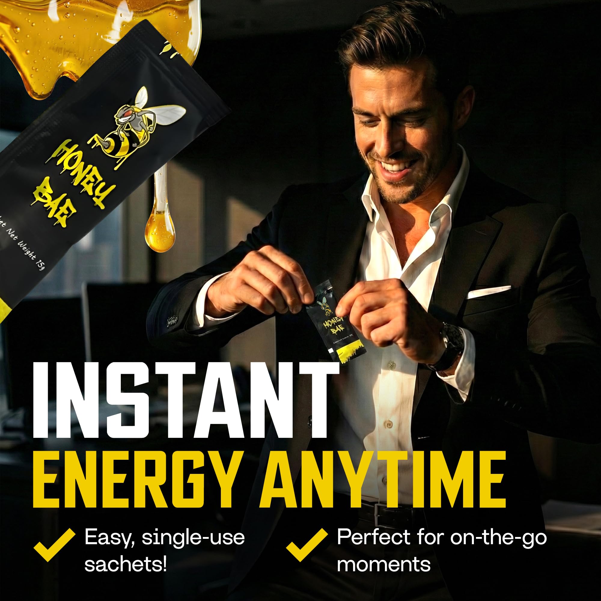 Honey Bae single-serve packet, travel-friendly energy option.