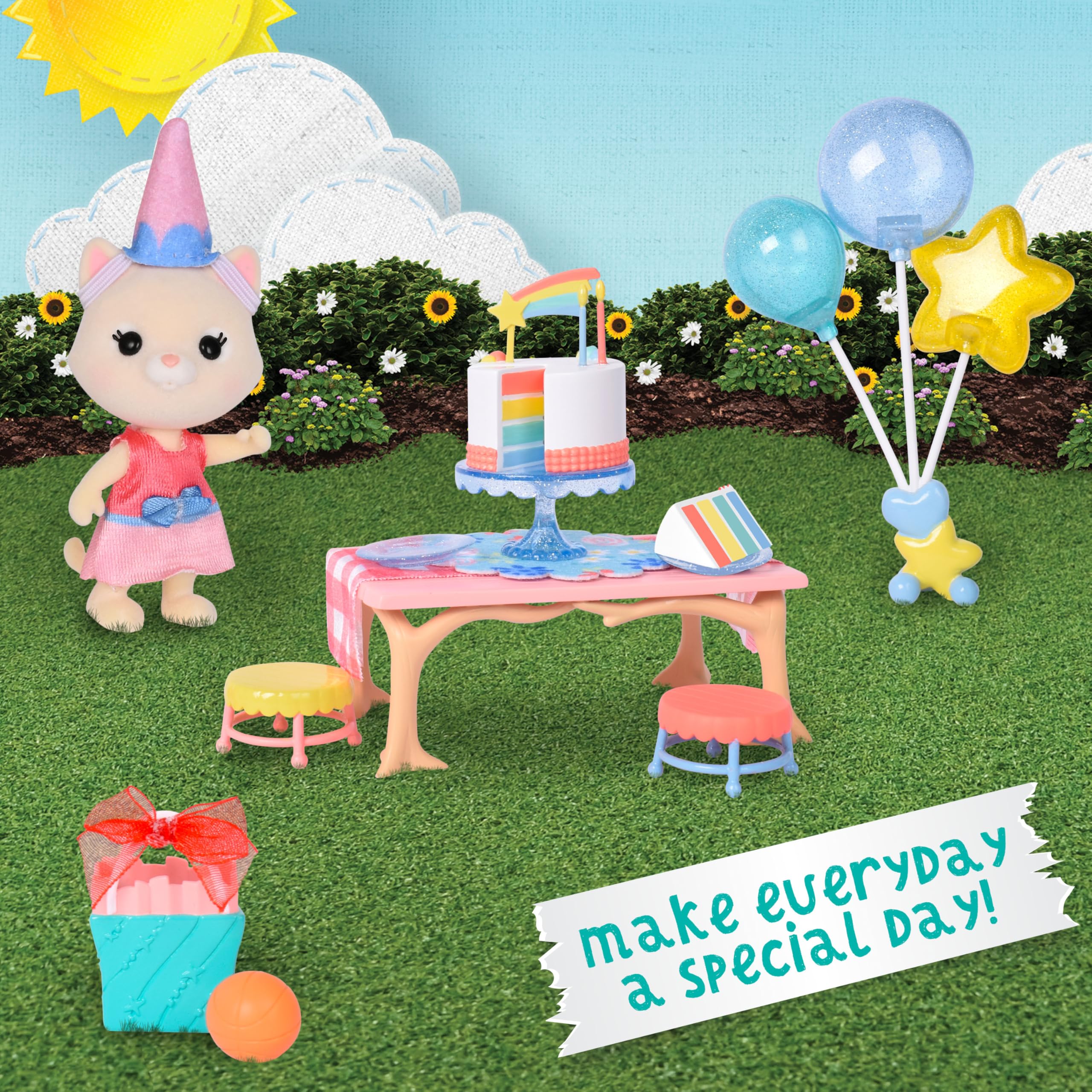 Honey Bee Acres Birthday Wishes Playset balloons set a festive scene for imaginative play.