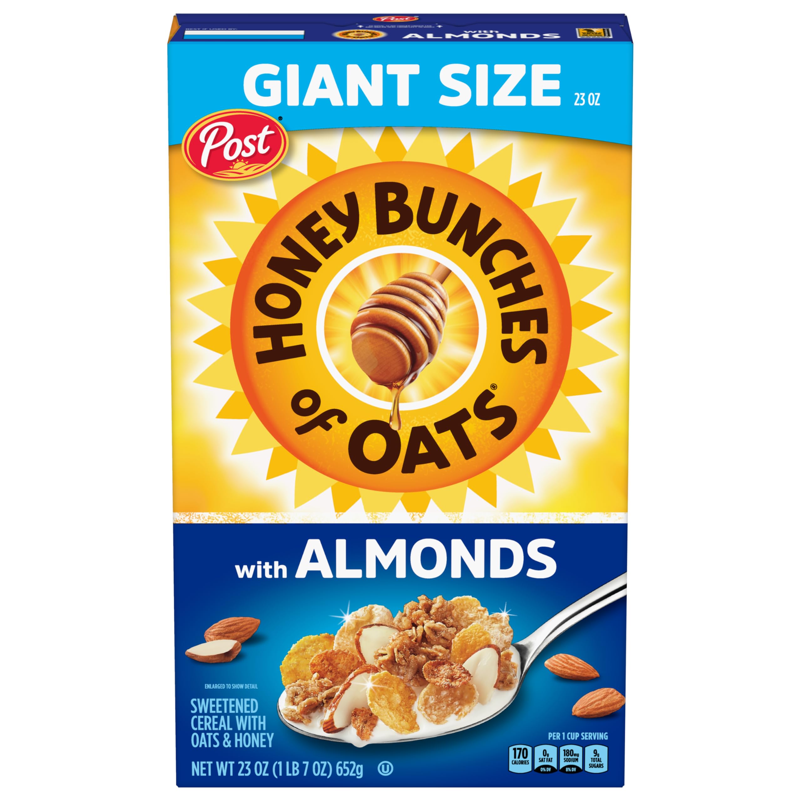 Honey Bunches of Oats with Almonds box front, a convenient pantry staple for quick breakfasts.