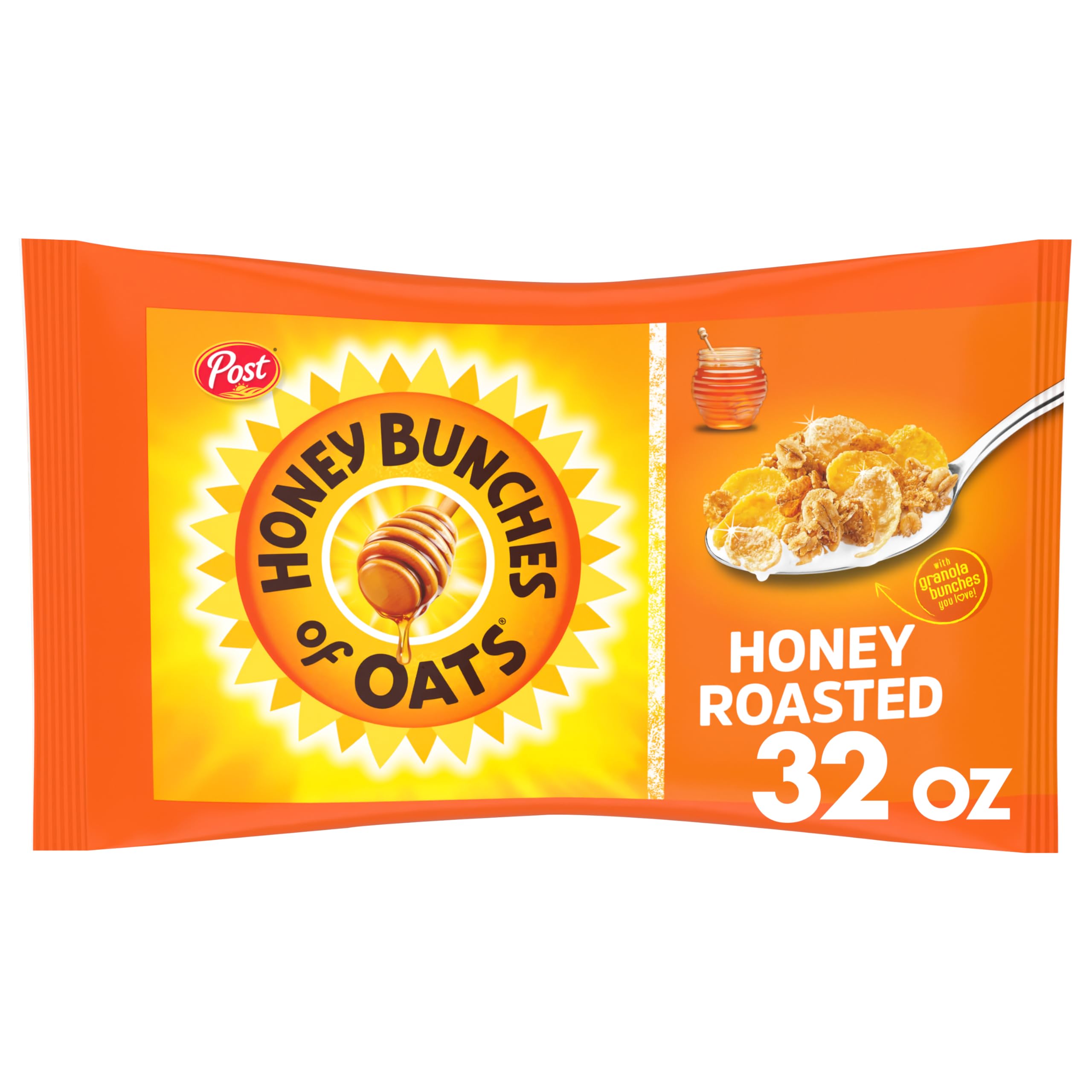 Honey Bunches of Oats honey roasted bowl with milk for a quick breakfast.