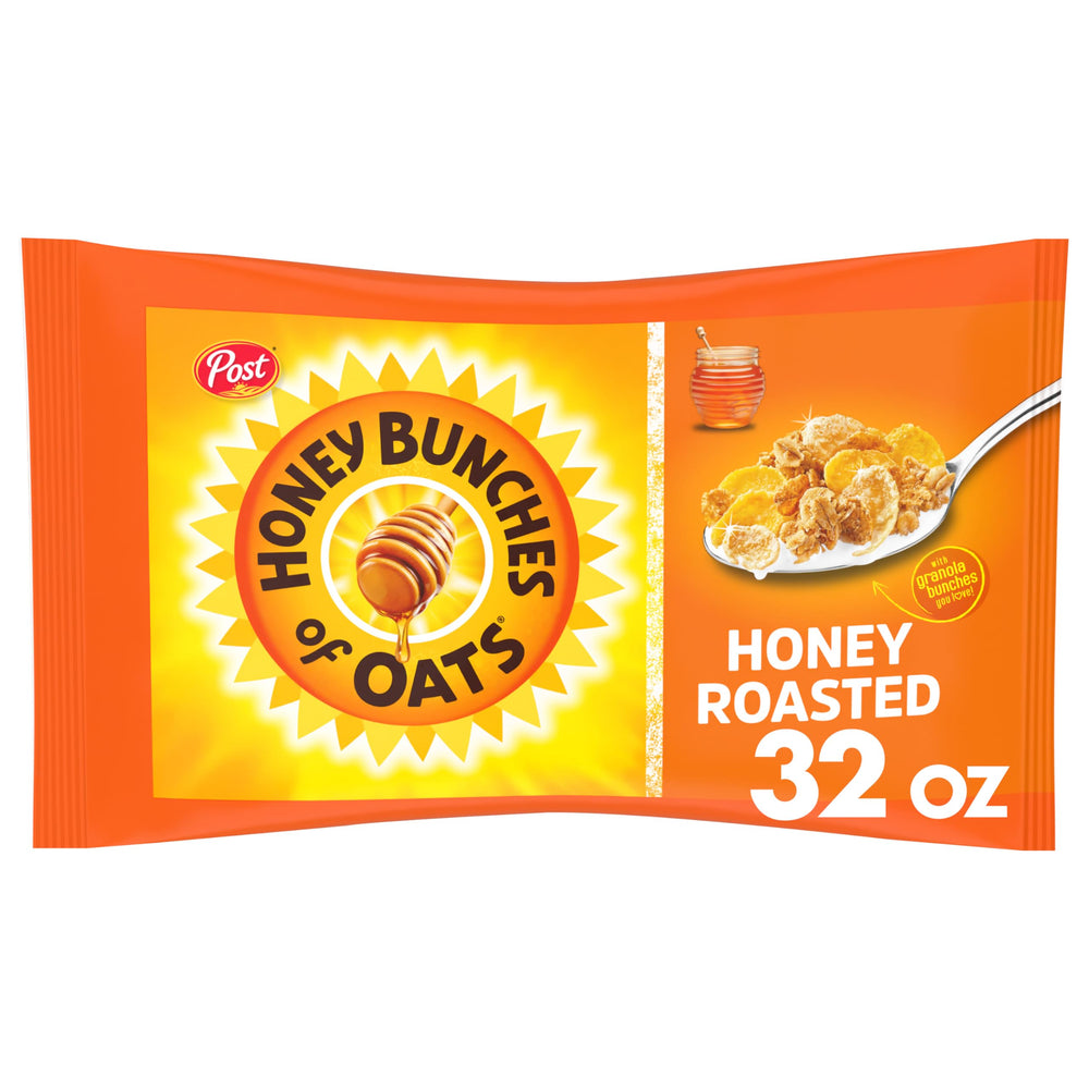 Honey Bunches of Oats honey roasted bowl with milk for a quick breakfast.