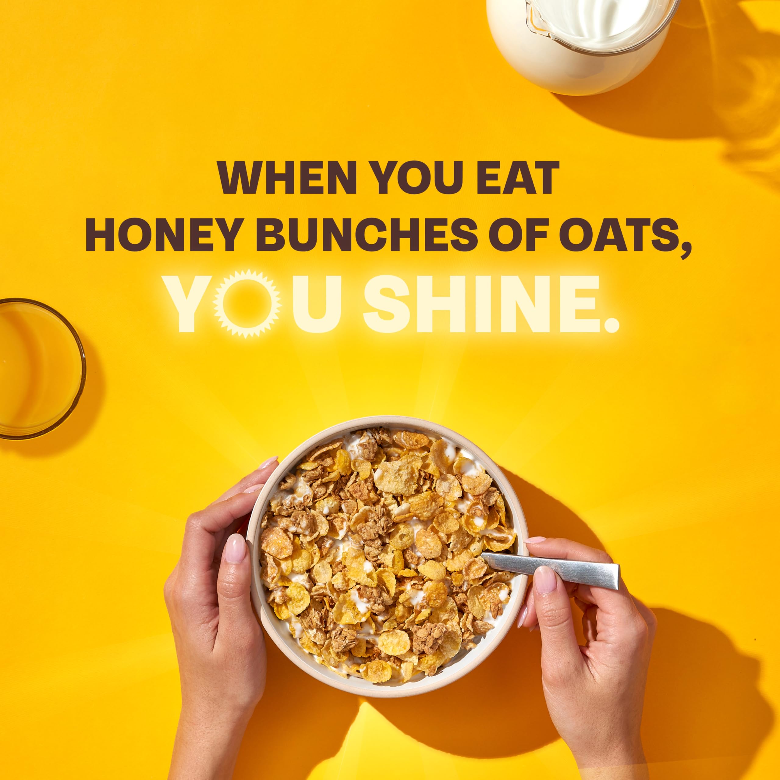 Honey Bunches of Oats milk pour, ready for breakfast.