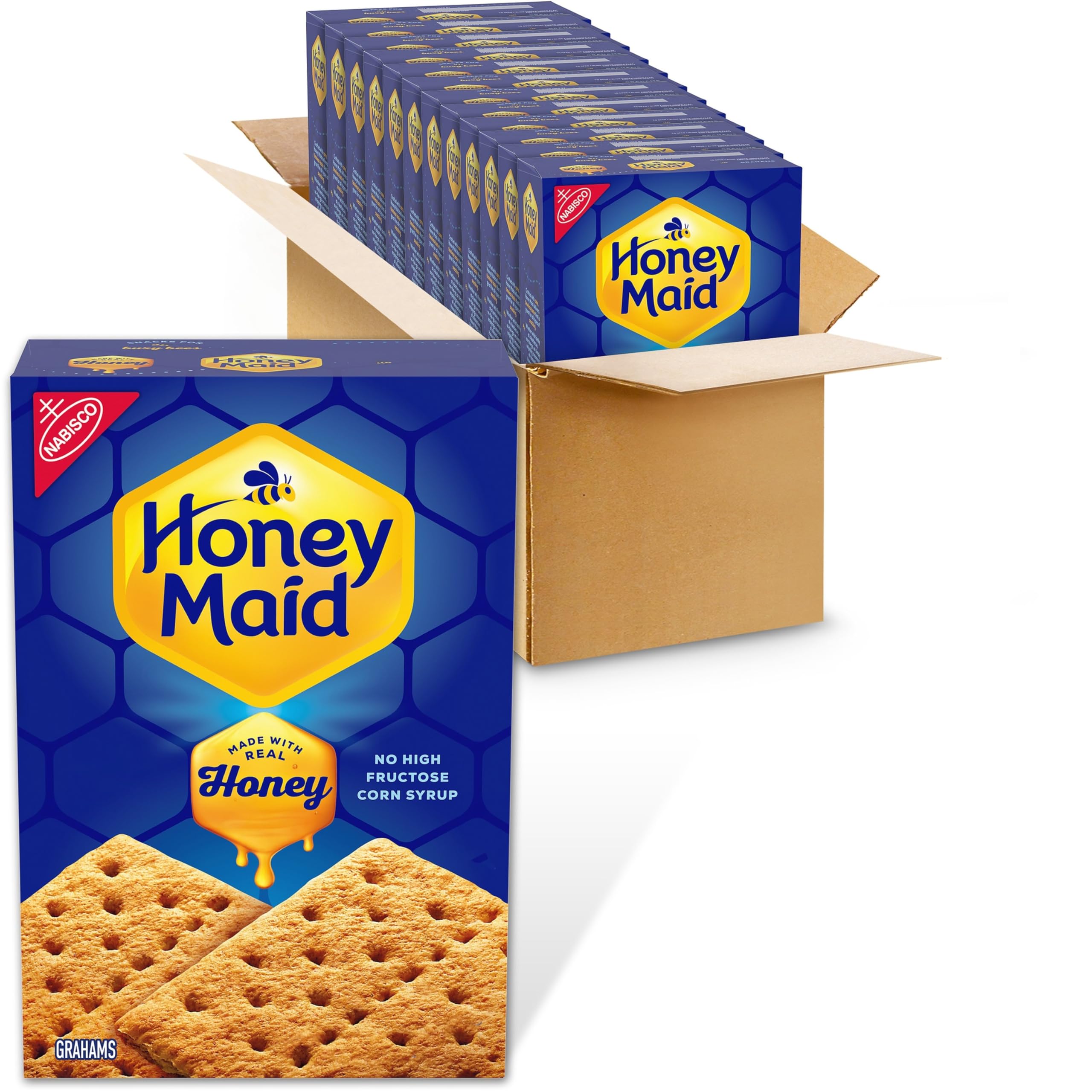 Honey Maid Graham Crackers packaging box display for bulk snack purchase.